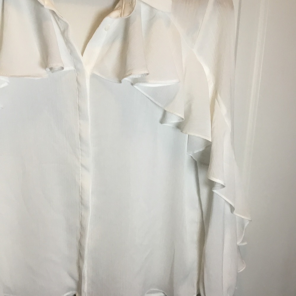 Zara White Ruffle Tiered Button Down Blouse Smocked Cuff Long Sleeve Medium - Picture 3 of 7